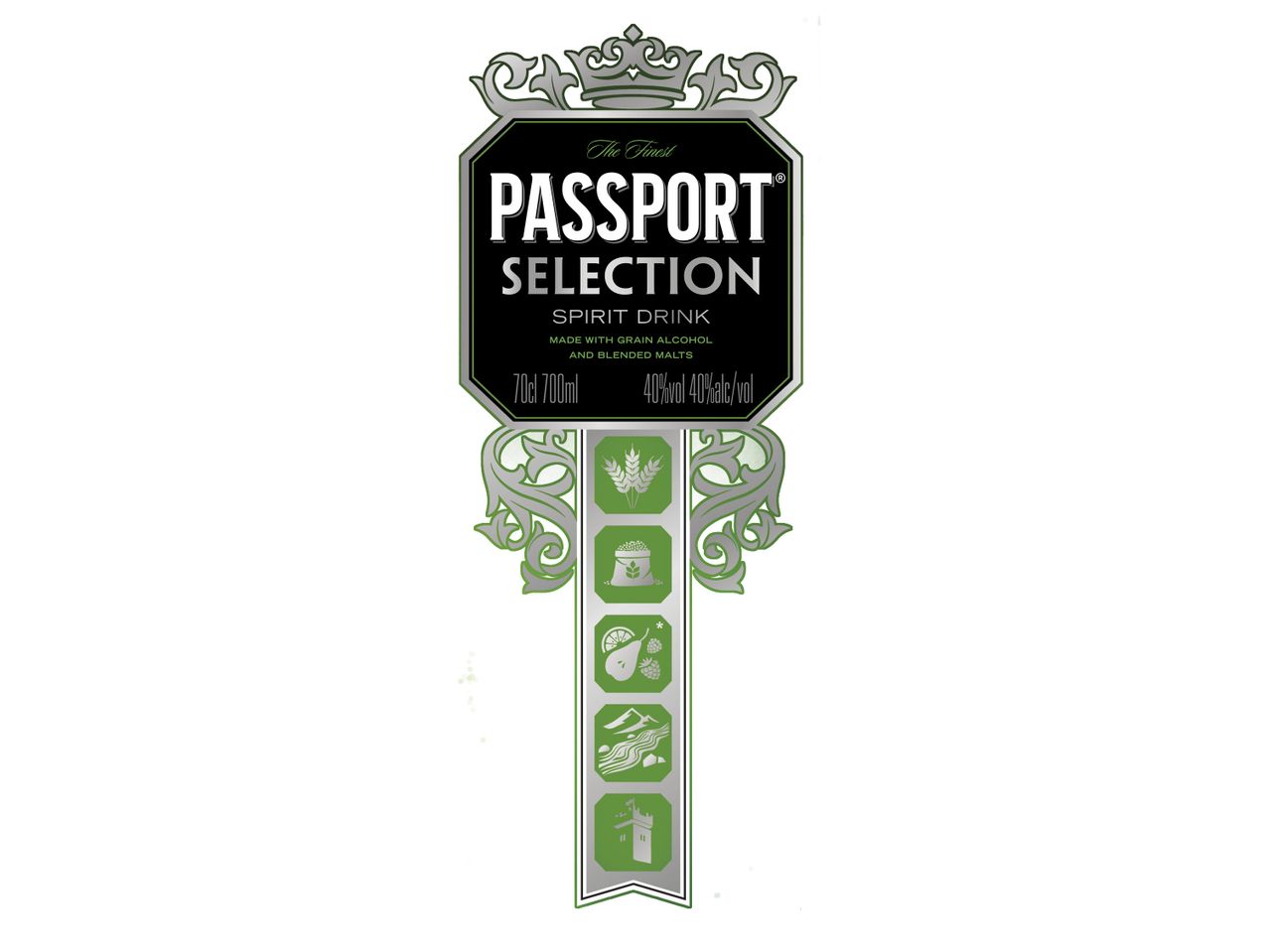 Етикет за спиртна напитка с надпис „The Finest Selection Spirit Drink“, 70cl, 40% алкохол.