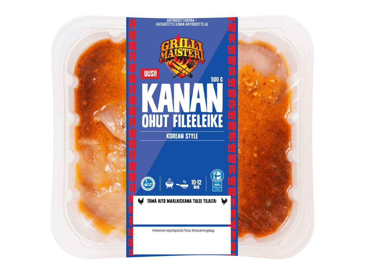 Pakkaus ohuita kananfileeleikkeitä korealaisella mausteella, 500g.
