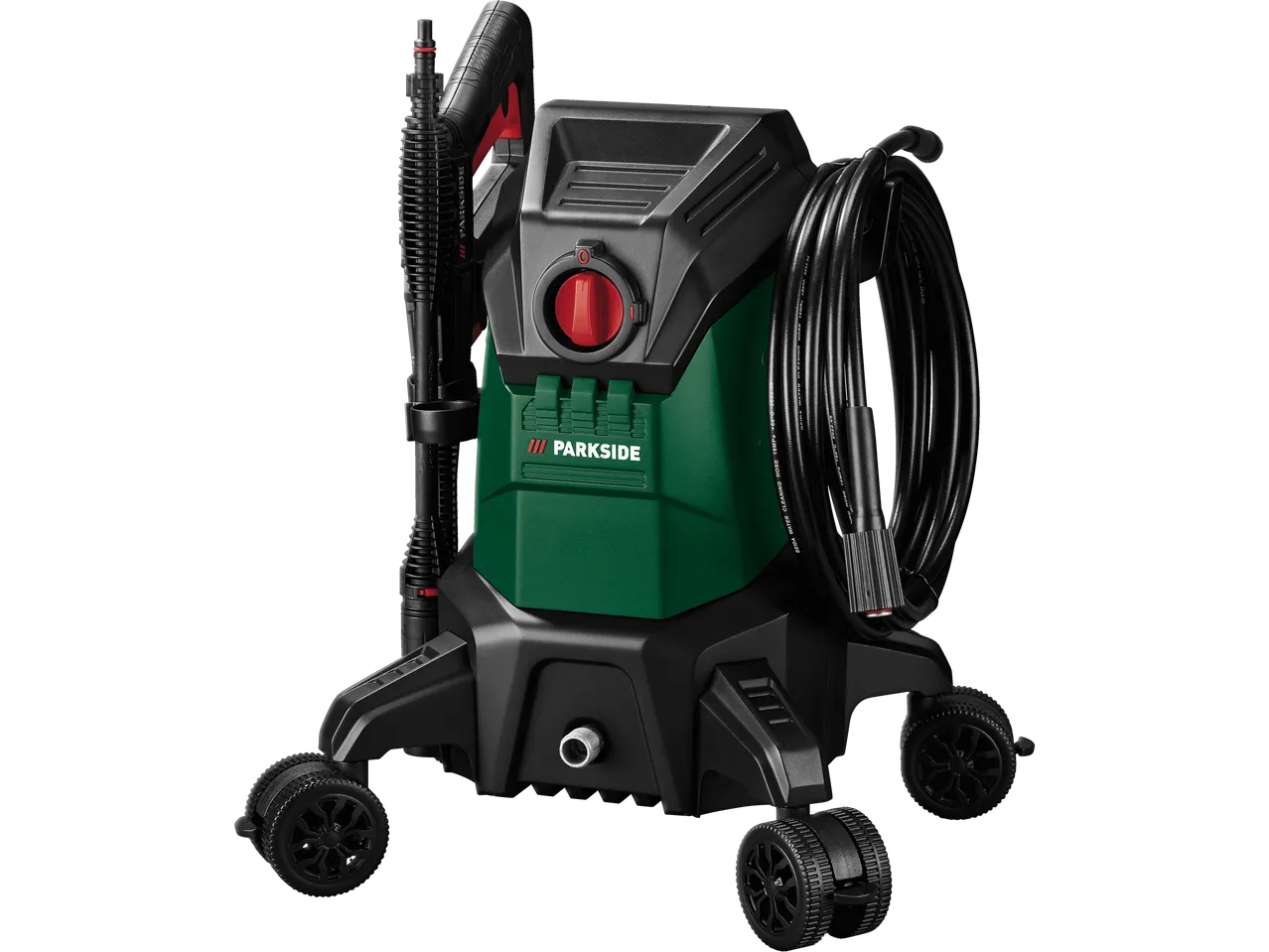 Parkside pressure washer with wheels and hose.