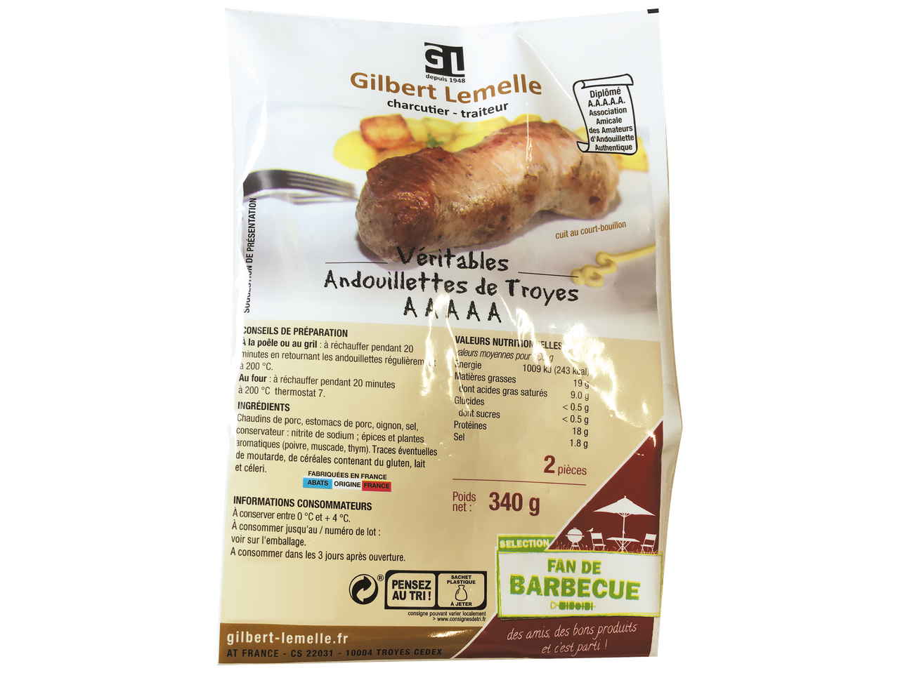 Sachet d'andouillettes de Troyes, avec informations nutritionnelles et de préparation.