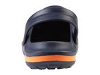 Navy blue Crocs-style clog with an orange sole.