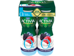 Duas garrafas de iogurte Danone Activia, sabor frutas silvestres, com nova receita e 0% de gordura.