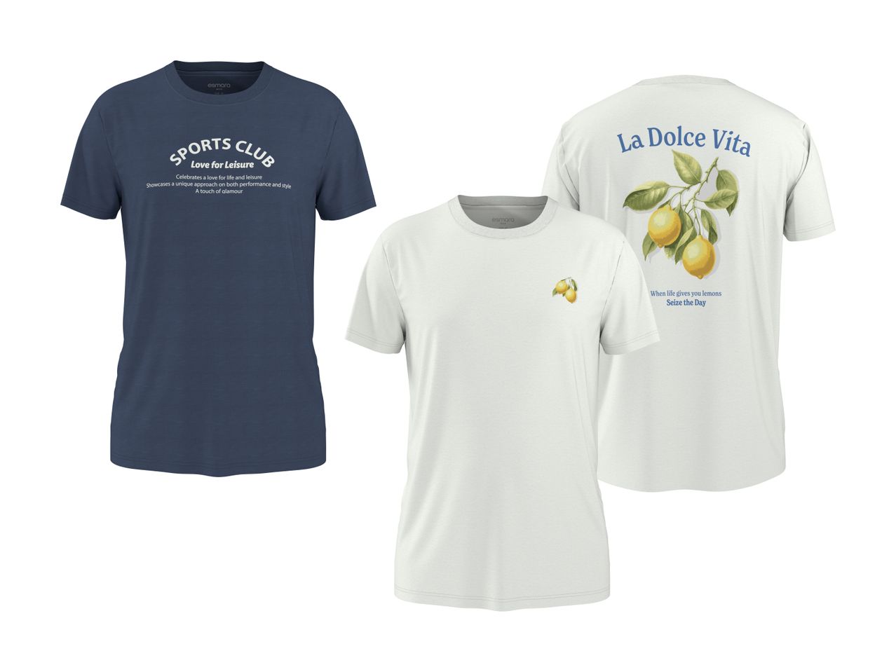 To t-shirts: en mørkeblå med teksten 'SPORTS CLUB Love for Leisure' og en hvid med citroner og teksten 'La Dolce Vita'.
