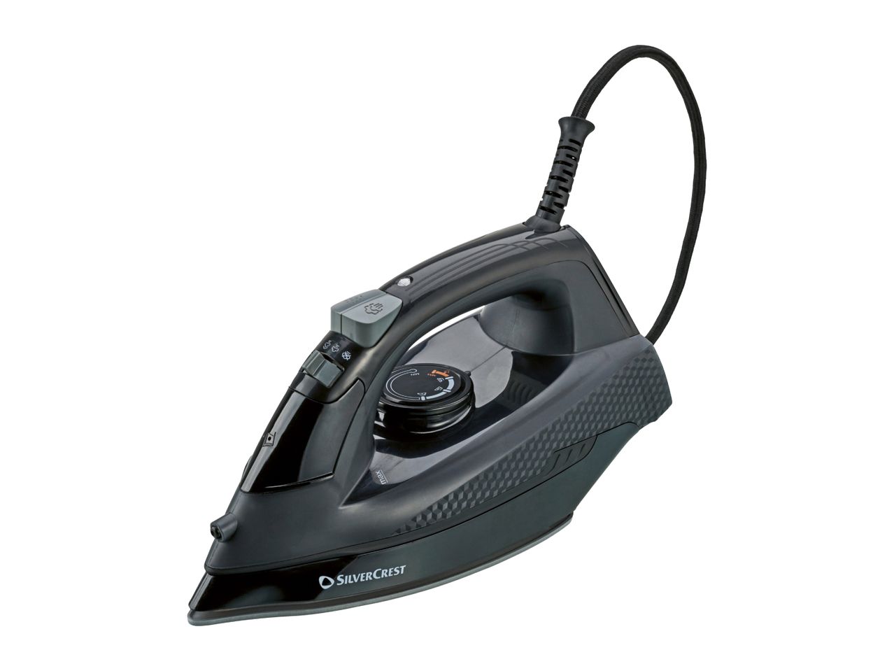 Dark grey steam iron with a textured handle and a black power cord.
