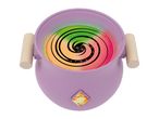 Purple toy cauldron with wooden handles and a colorful, swirling interior design.