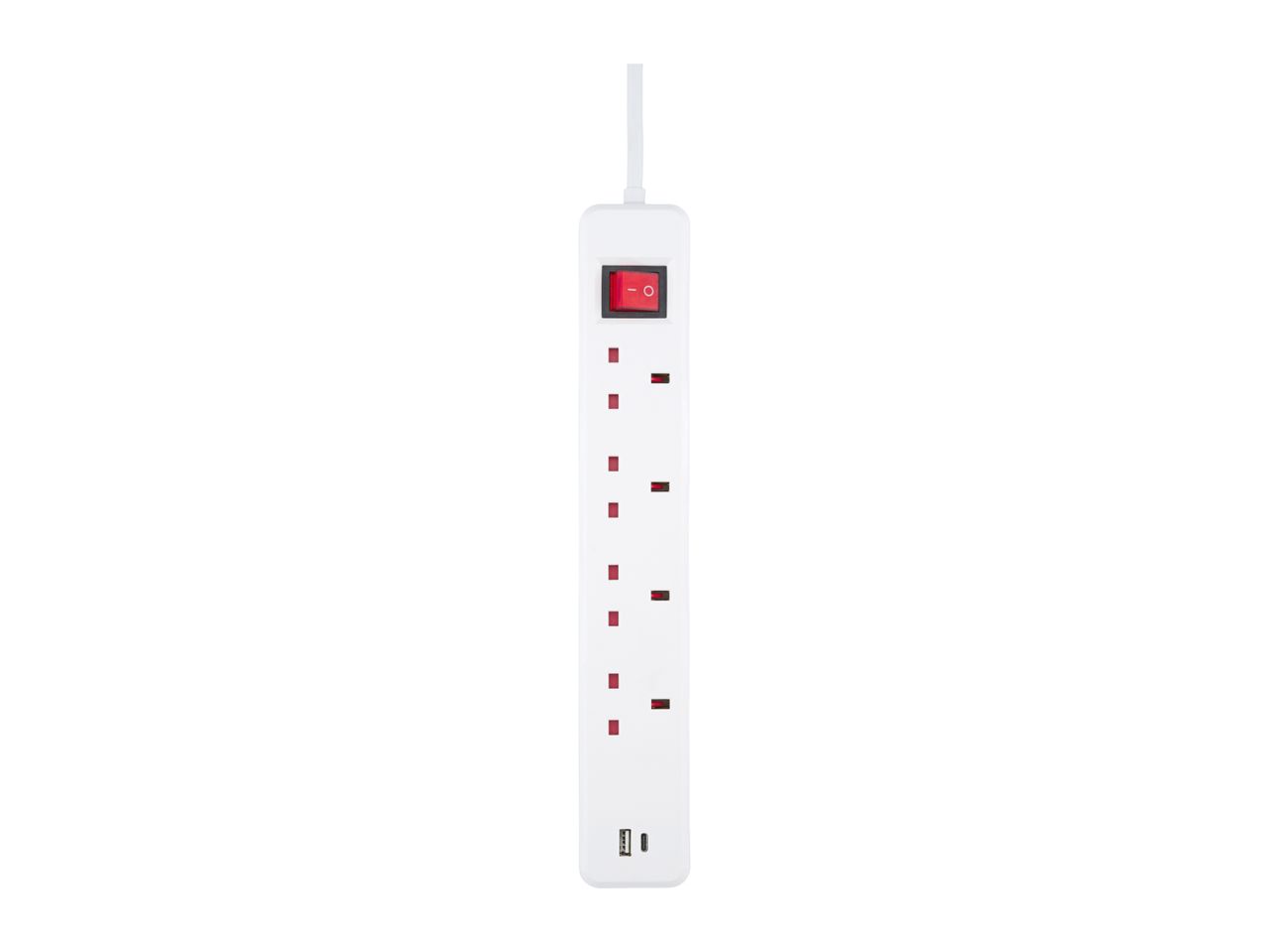 White power strip with six sockets, a red power switch, and two USB ports.