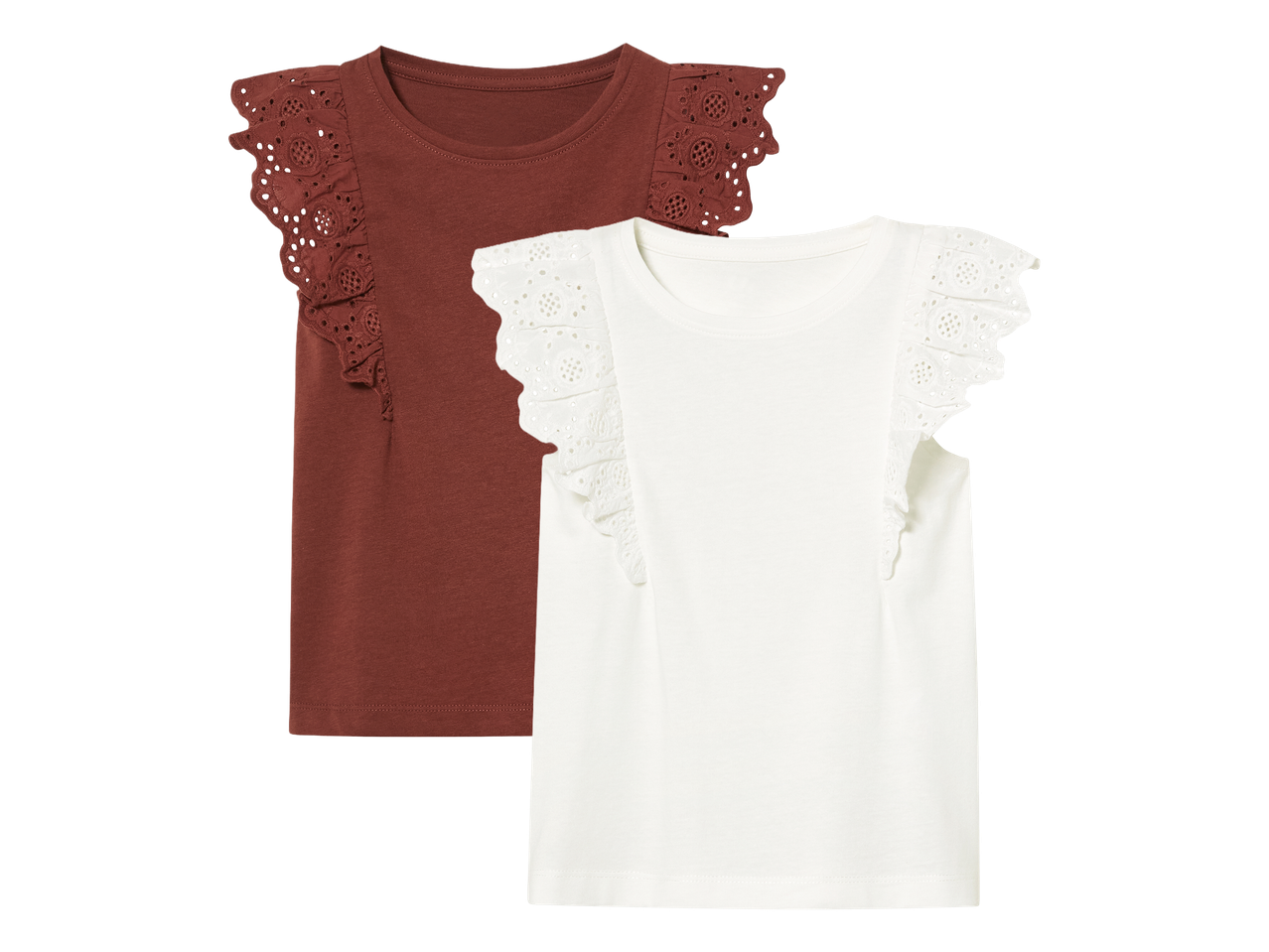 Dva dječja topa s volanima, jedan smeđi i jedan bijeli.