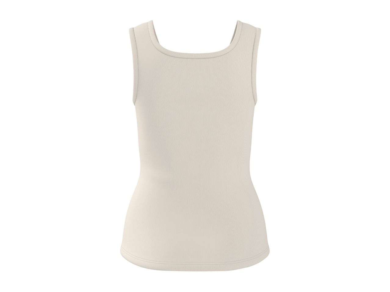 Back view of a beige ribbed tank top with a square neckline.