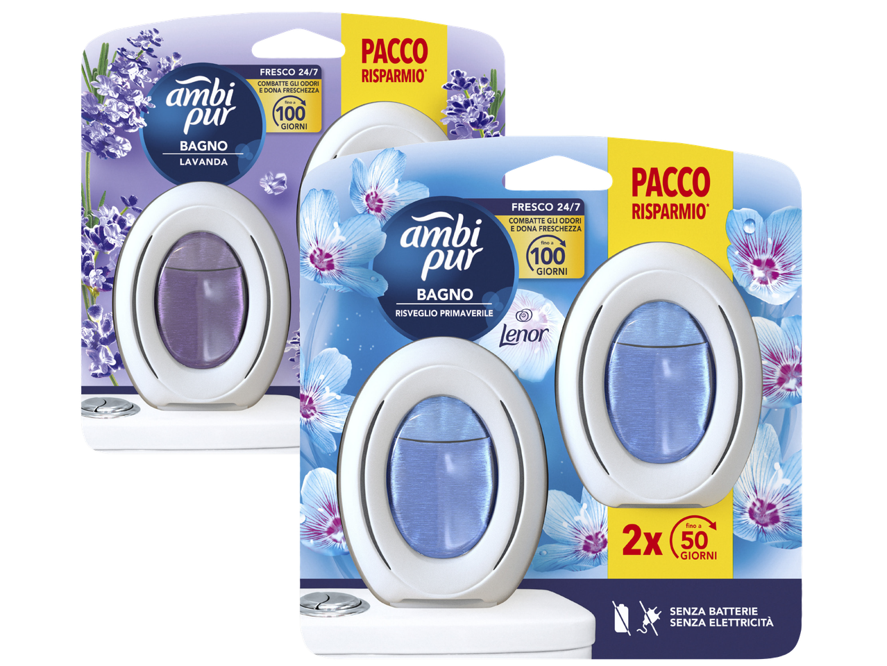 Ambi Pur bathroom air fresheners in lavender and spring awakening scents, offering 24/7 freshness.