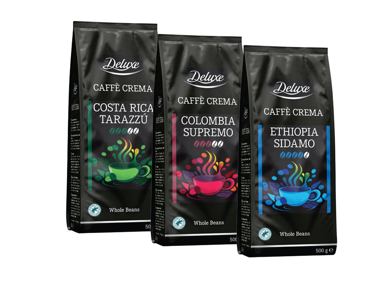 Tri pakovanja kafe u zrnu „Caffè Crema“: Kosta Rika Tarazu, Kolumbija Supremo i Etiopija Sidamo.