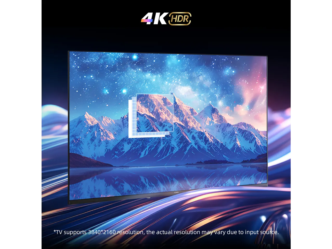 Chiq Google Smart TV 4K HDR toont een berglandschap met waterreflectie.