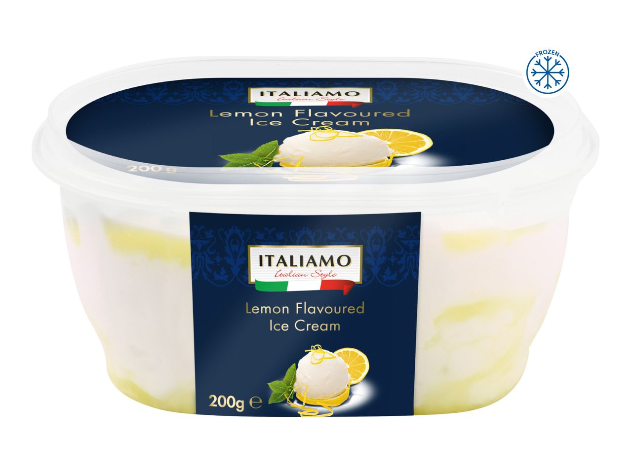 Lemon Flavoured Ice Cream tub, 200g, with a frozen symbol.