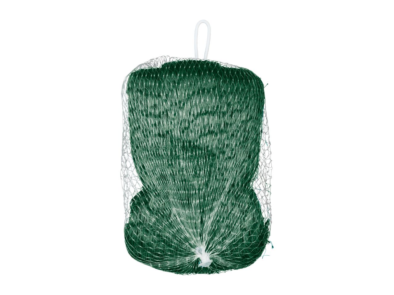 Green bath sponge in a white mesh bag with a hanging loop.