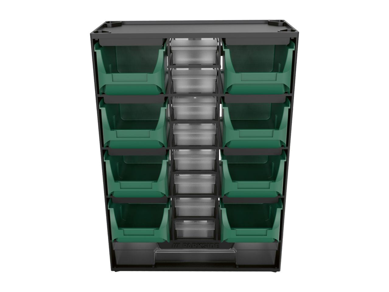 Black storage rack with green bins and clear drawers, featuring the Parkside logo.