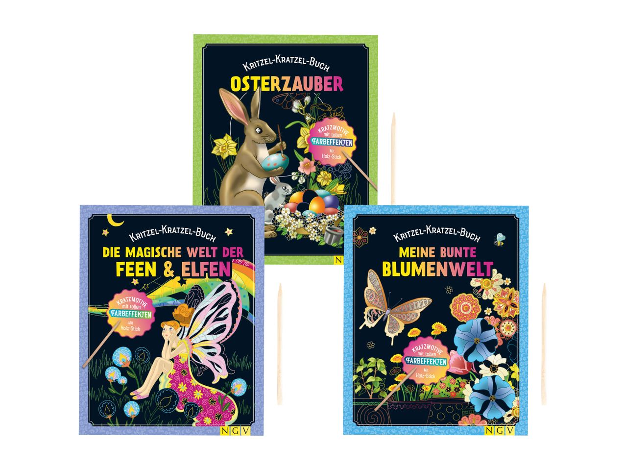 Drei Kratzel-Kratzel-Bücher: Osterzauber, Feen & Elfen, Blumenwelt, mit Holz-Stick.