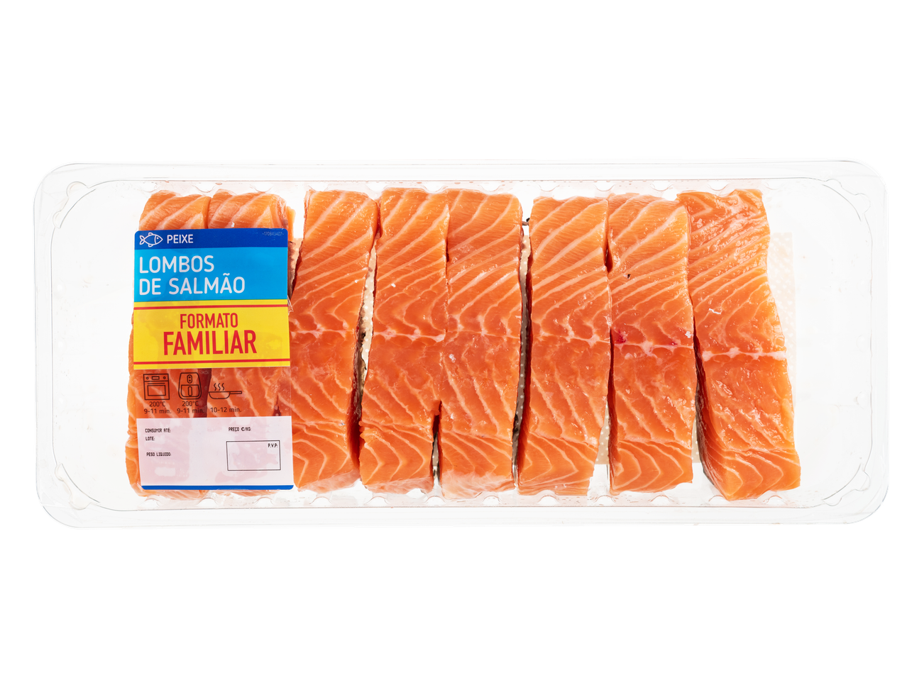 Embalagem de lombos de salmão (Lombos de Salmão) em formato familiar (Formato Familiar) com instruções de cozedura.