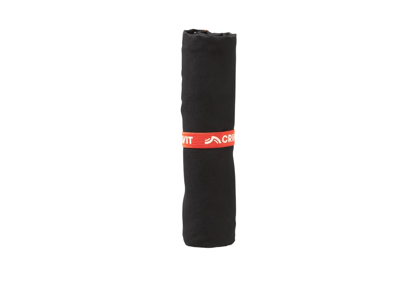 Toalha de microfibra CRIVIT preta enrolada com faixa laranja