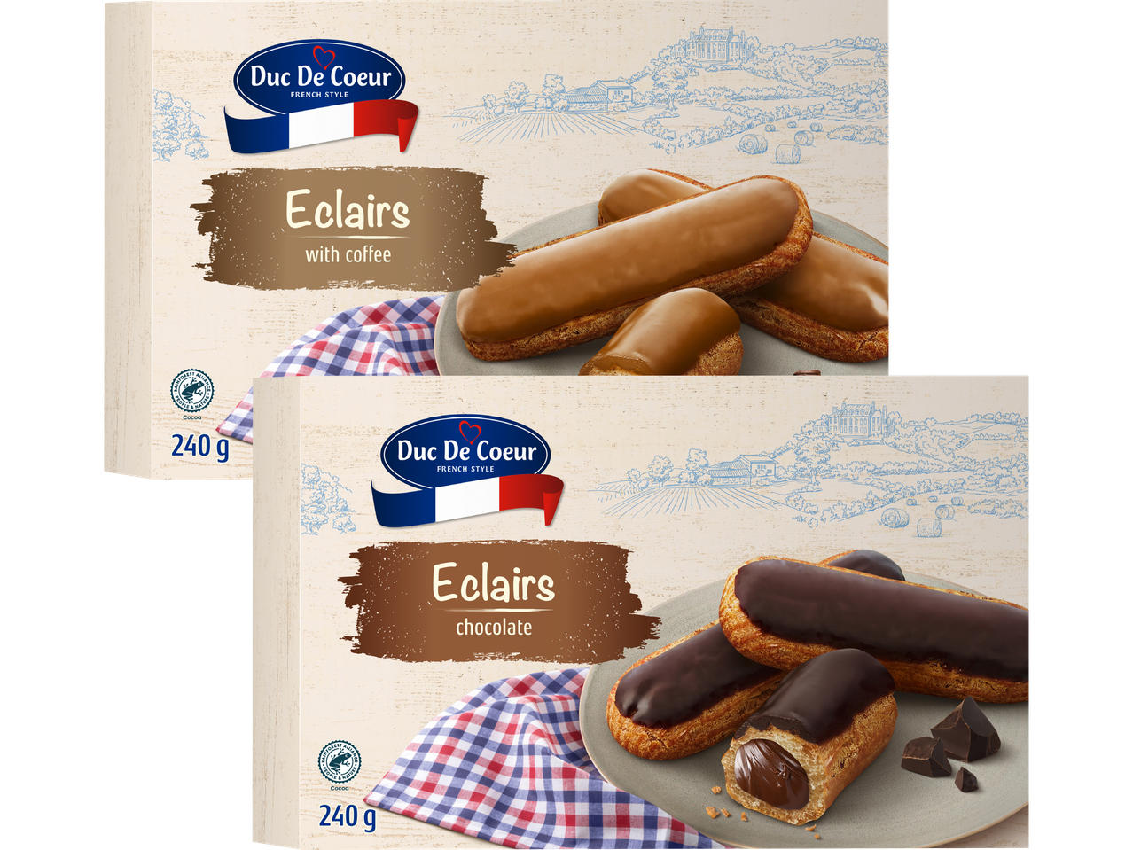 Två förpackningar med Duc de Coeur Éclairs, en med kaffe- och en med chokladfyllning.