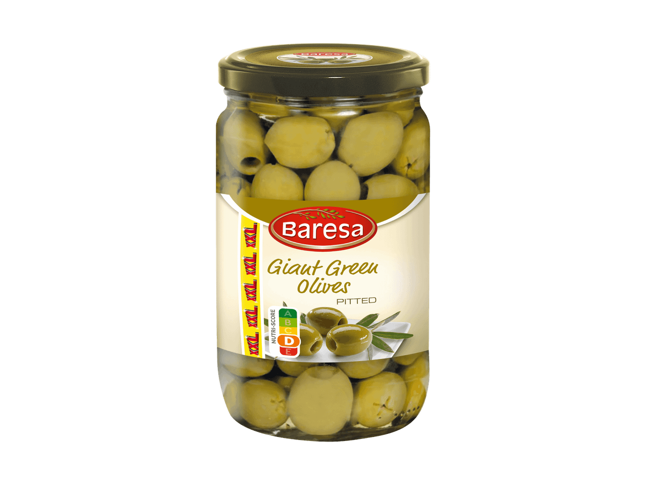 Vaso di olive verdi giganti denocciolate con etichetta Nutri-Score.