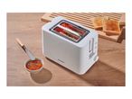 White toaster with two slices of toast, jam, and a butter knife on a wooden table.
