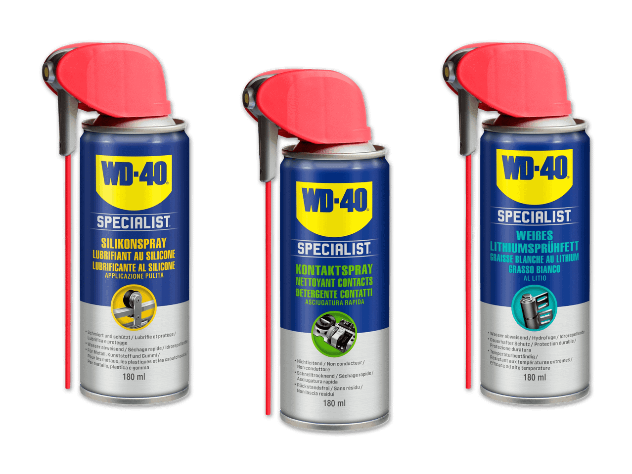 Drei Sprühdosen mit Silikonspray, Kontaktspray und weißem Lithiumsprühfett.