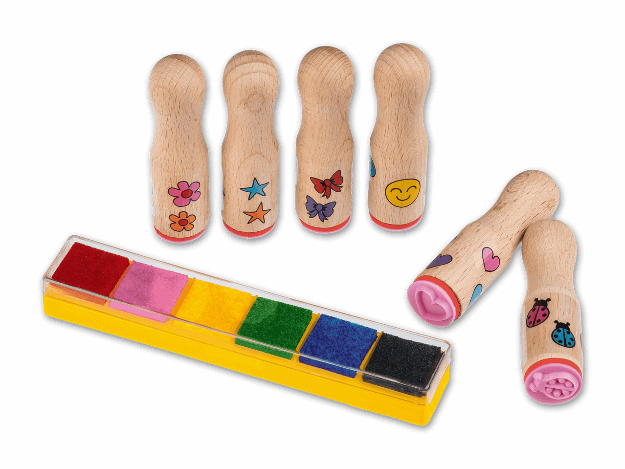 Bunte Stempel und Stempelkissen mit verschiedenen Motiven