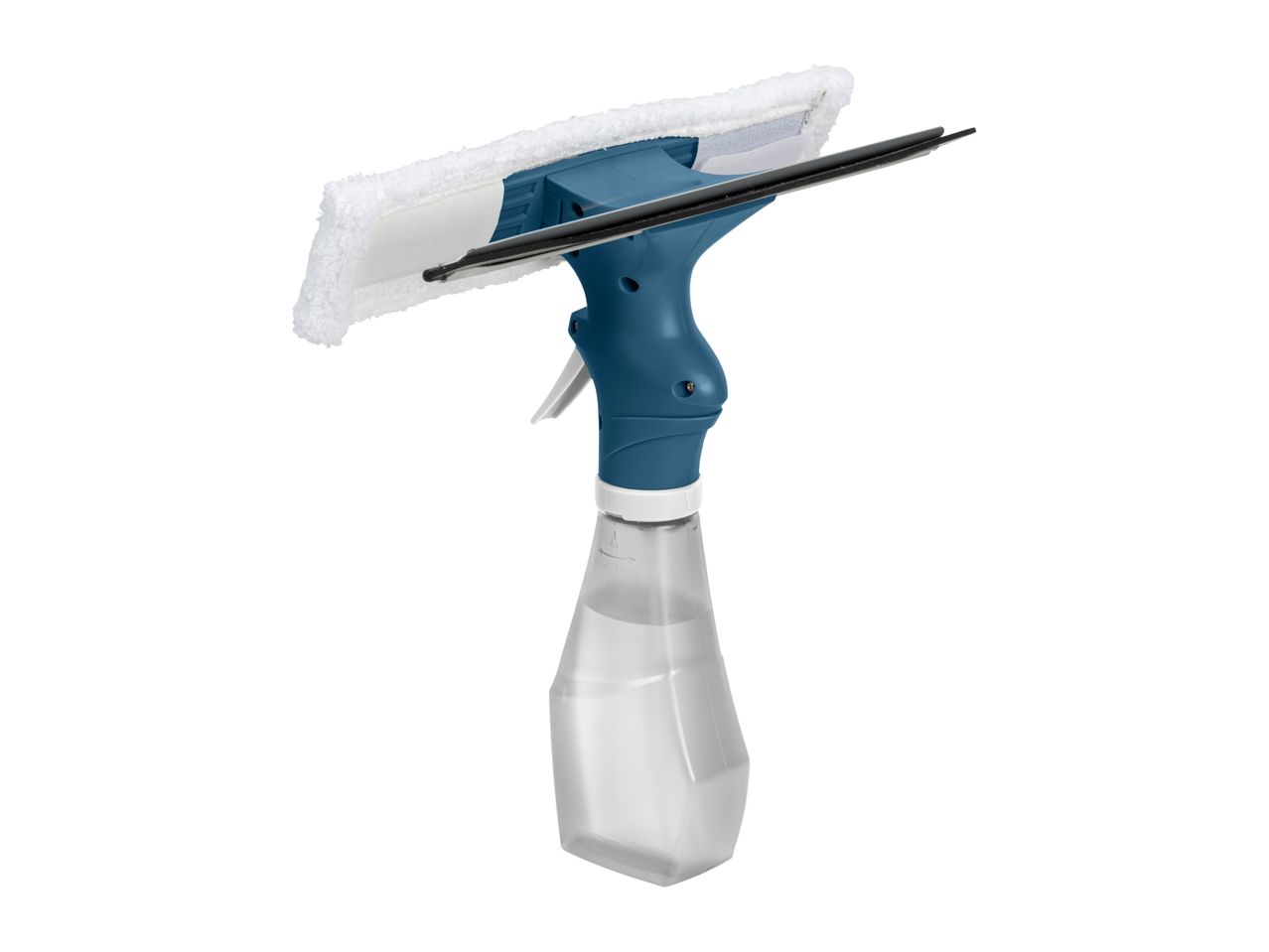 A spray bottle window cleaner with a squeegee attachment.
