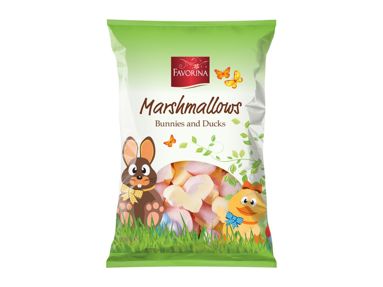 Marshmallows in bunny and duck shapes, 200g, Easter themed packaging.