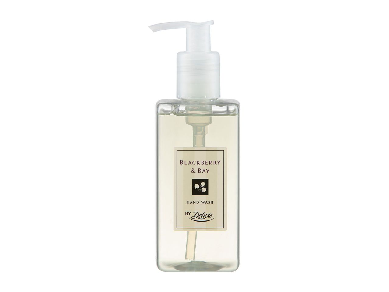 Blackberry & Bay hand wash by Deluxe in a clear pump bottle.