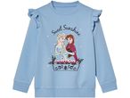 Light blue long-sleeved sweatshirt with ruffled shoulders and a graphic of Elsa and Anna from Frozen.