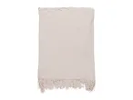 Soft, light pink knitted throw blanket with decorative fringe at the bottom.