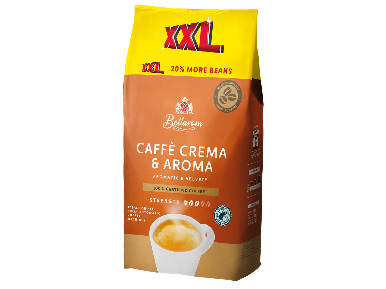 Голяма опаковка кафе на зърна с надпис „XXL 20% повече зърна“, „Caffè Crema & Aroma“ и „100% сертифицирано кафе“.