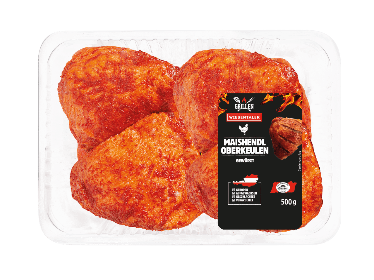Gewürzte Maishähnchen-Oberkeulen in einer Verpackung, 500g.