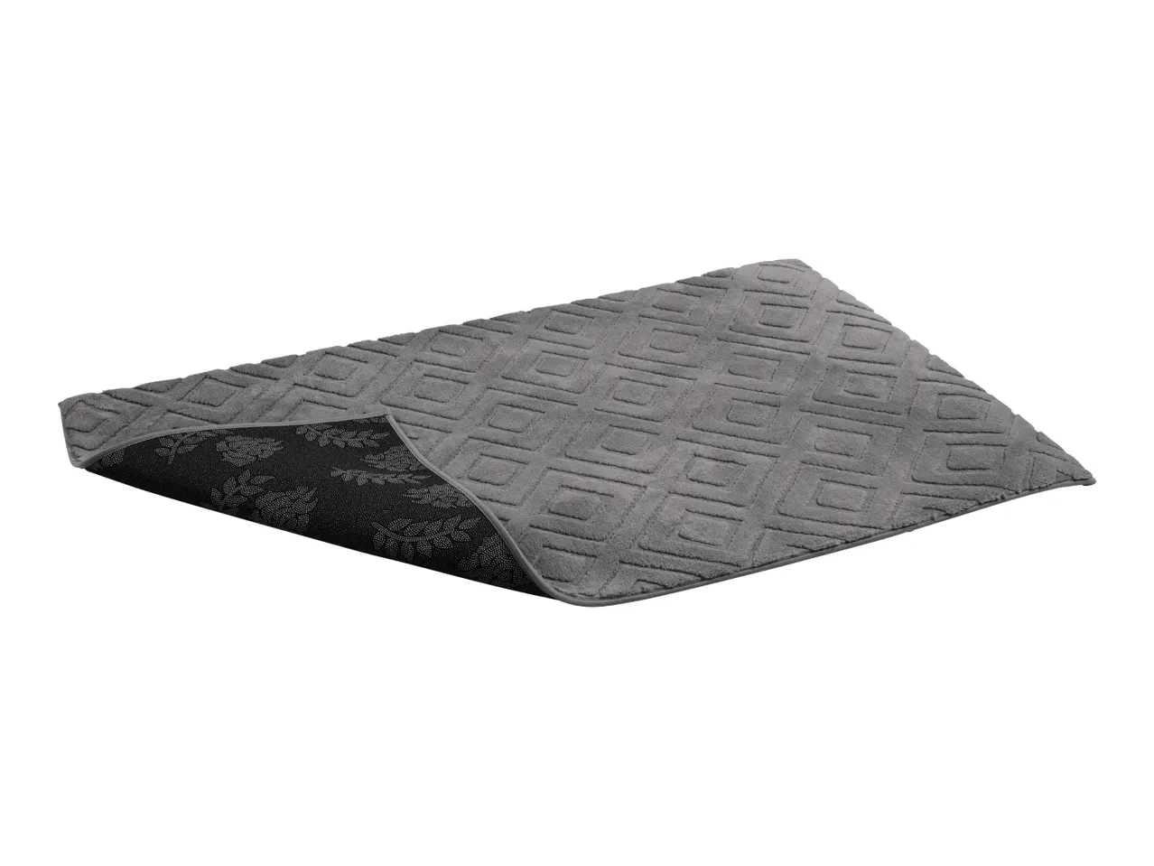 Grey bath mat with a geometric diamond pattern and a non-slip floral underside.
