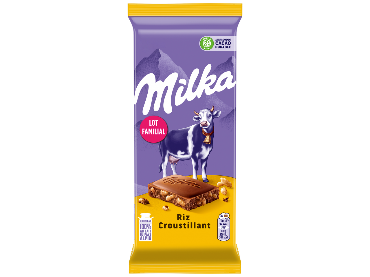 Barre de chocolat au lait avec riz croustillant, emballage violet et jaune avec une vache.