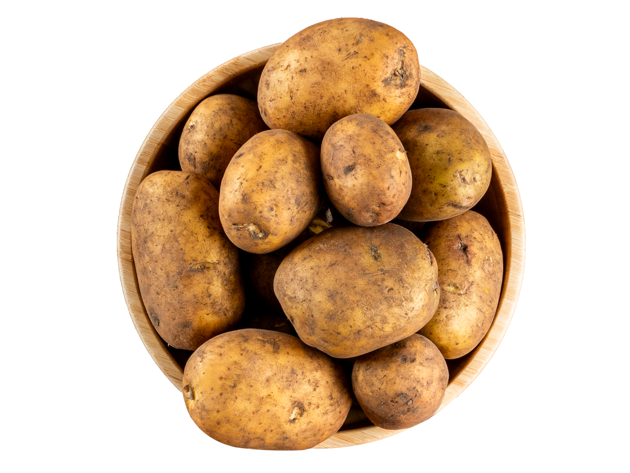 Medinė dubenėlis pilna bulvių.