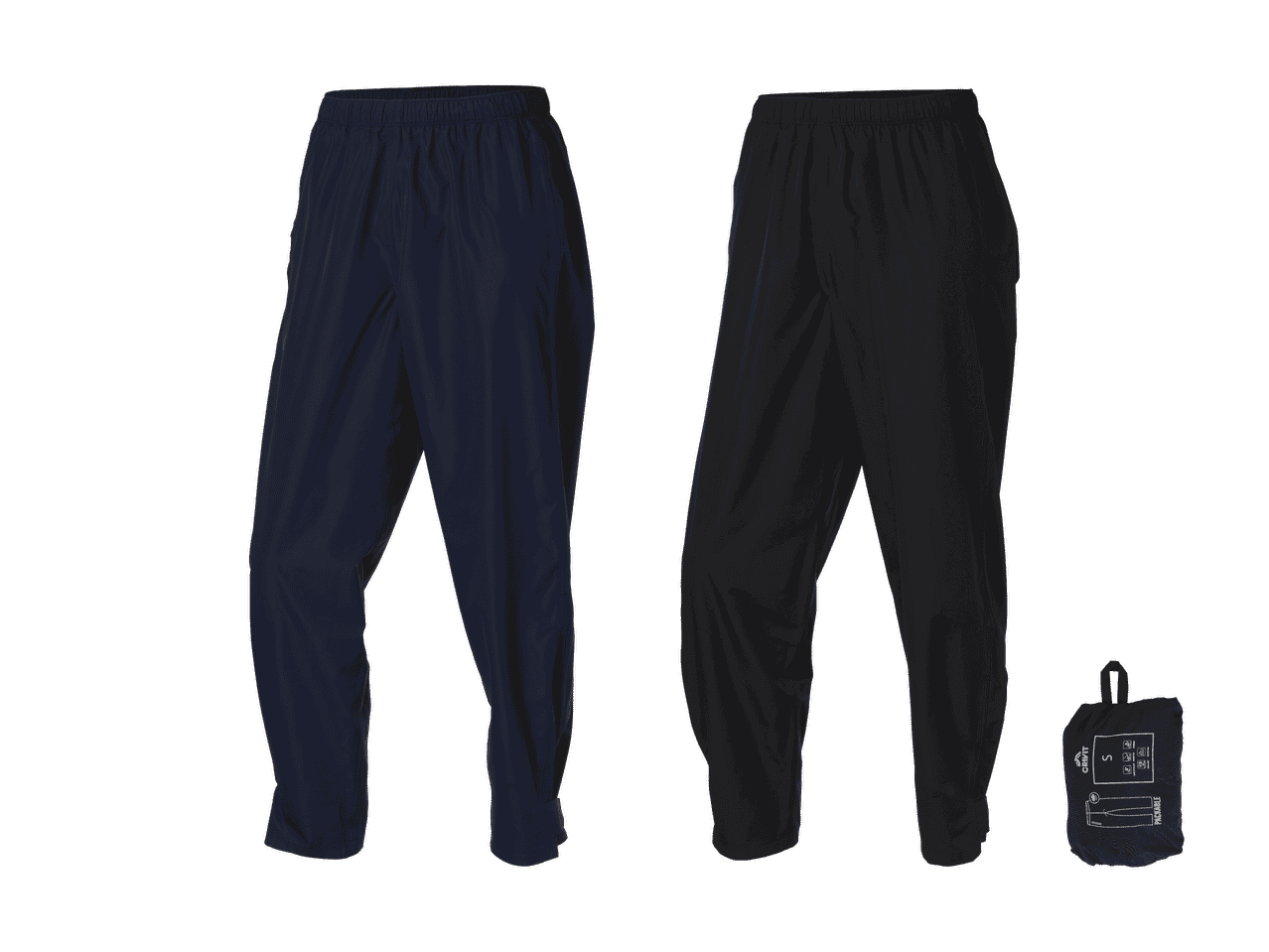 Deux pantalons de pluie Crivit compactables, un bleu marine et un noir, avec un sac de rangement noir.