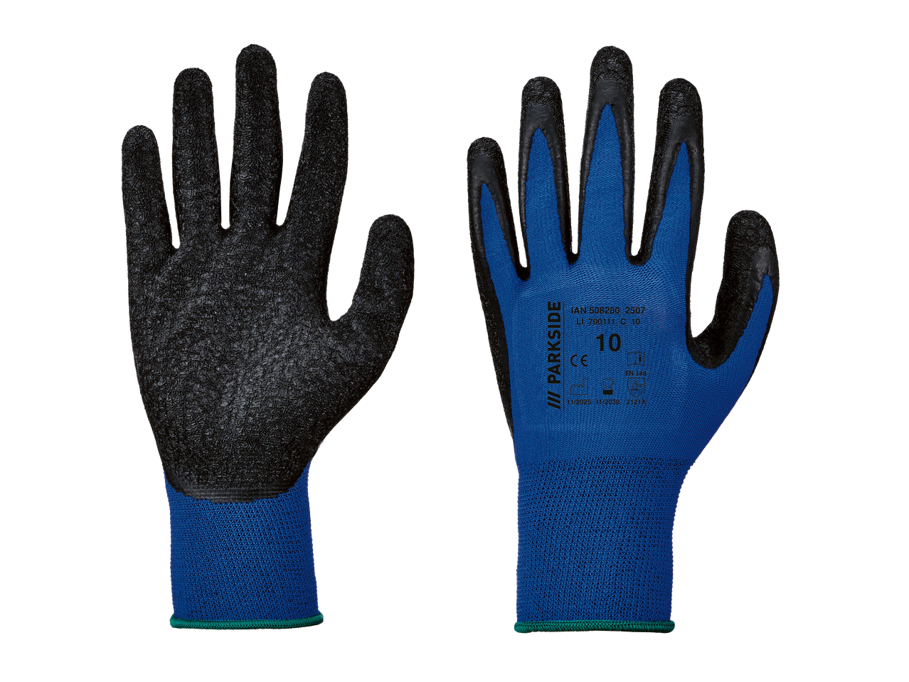 Két kék és fekete munkakesztyű, az egyik tenyérrel felfelé, a másik tenyérrel lefelé.