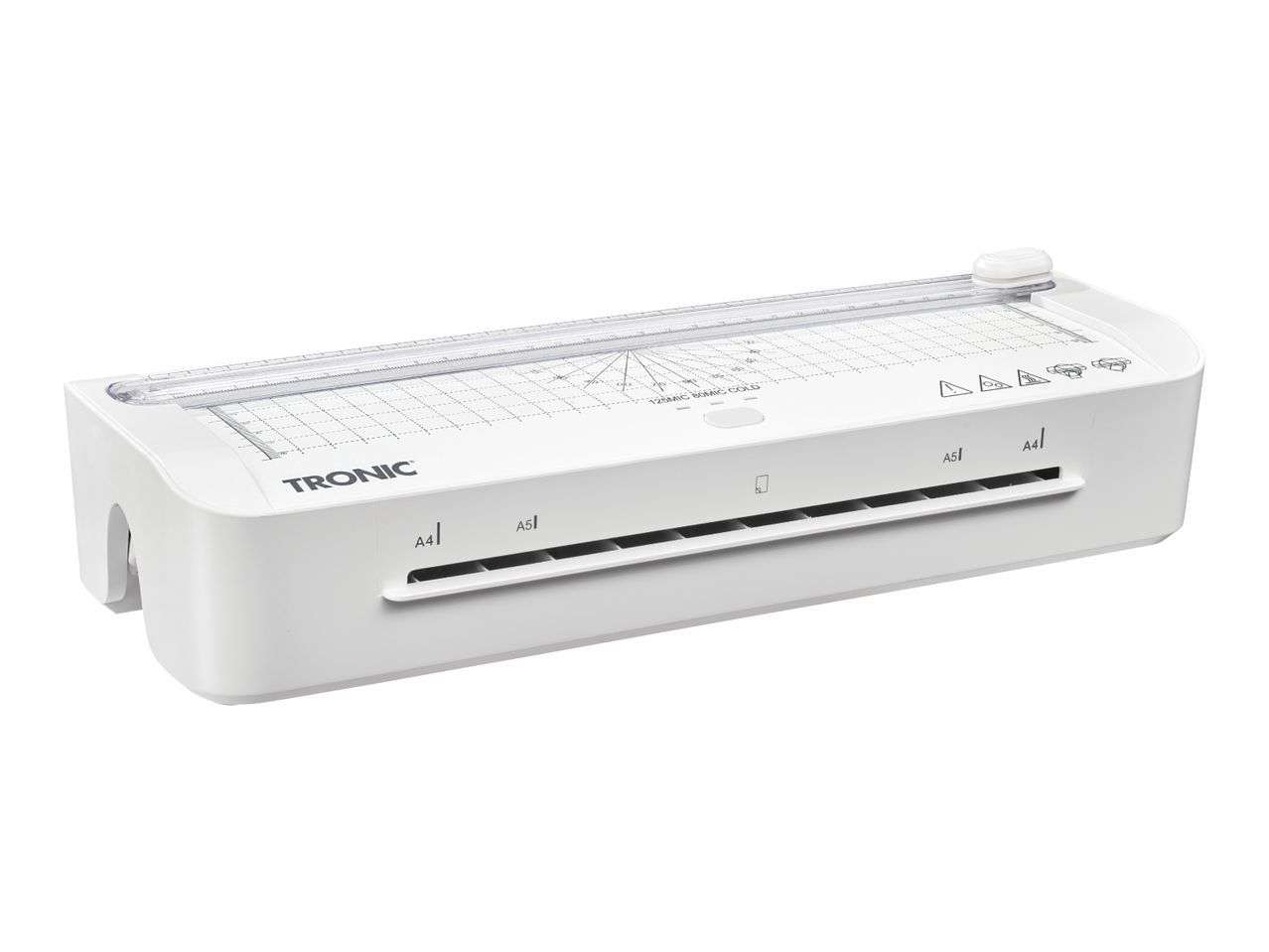 White laminator with integrated paper trimmer and various size guides