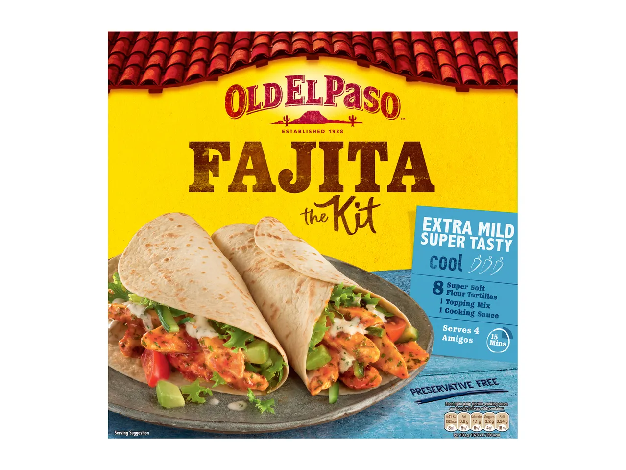 Fajita kit with tortillas, topping mix, and cooking sauce, serving 4 in 15 minutes.