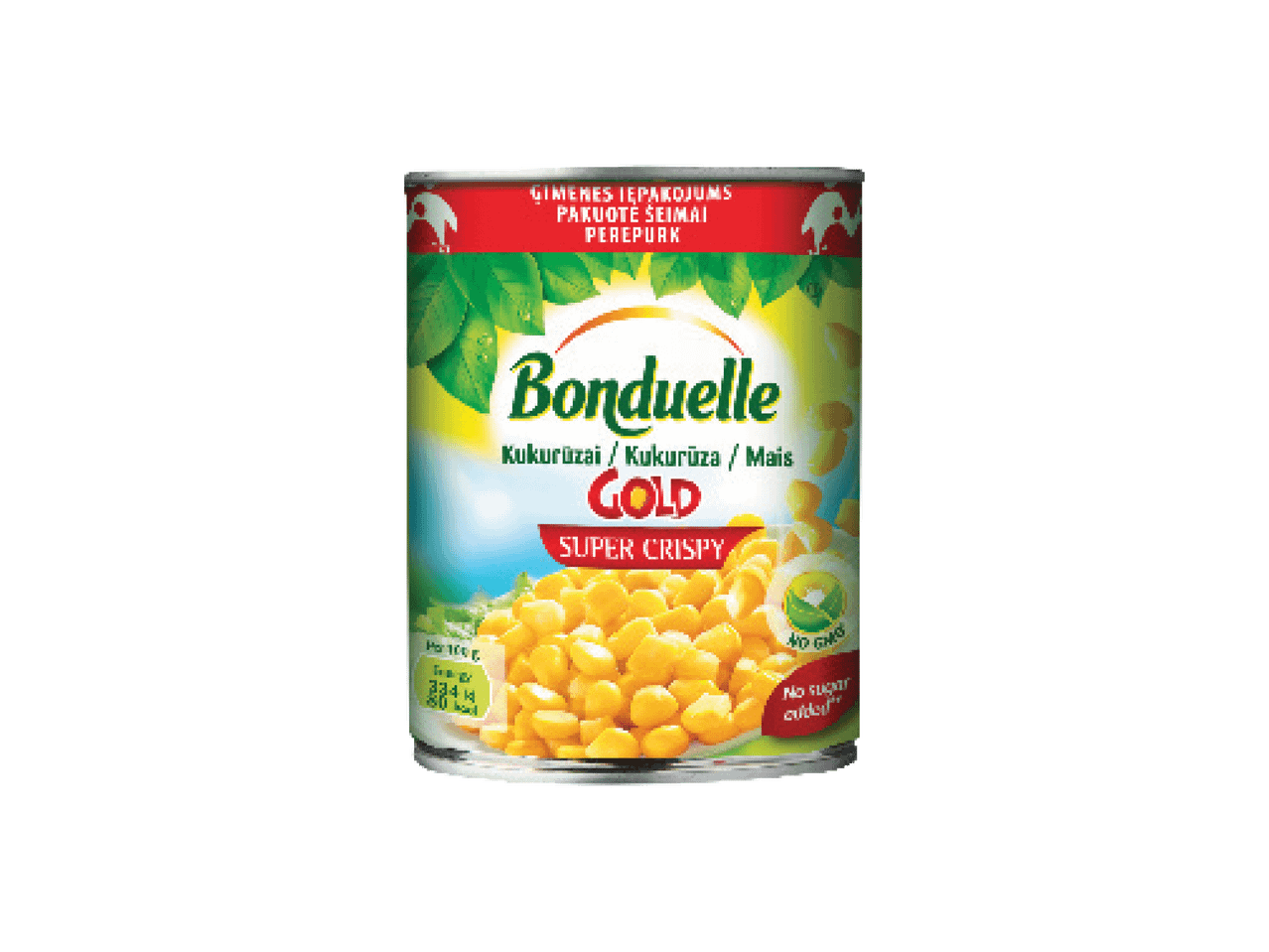 Bonduelle Gold Super Crispy kukurūzai skardinėje, be GMO ir be pridėtinio cukraus.