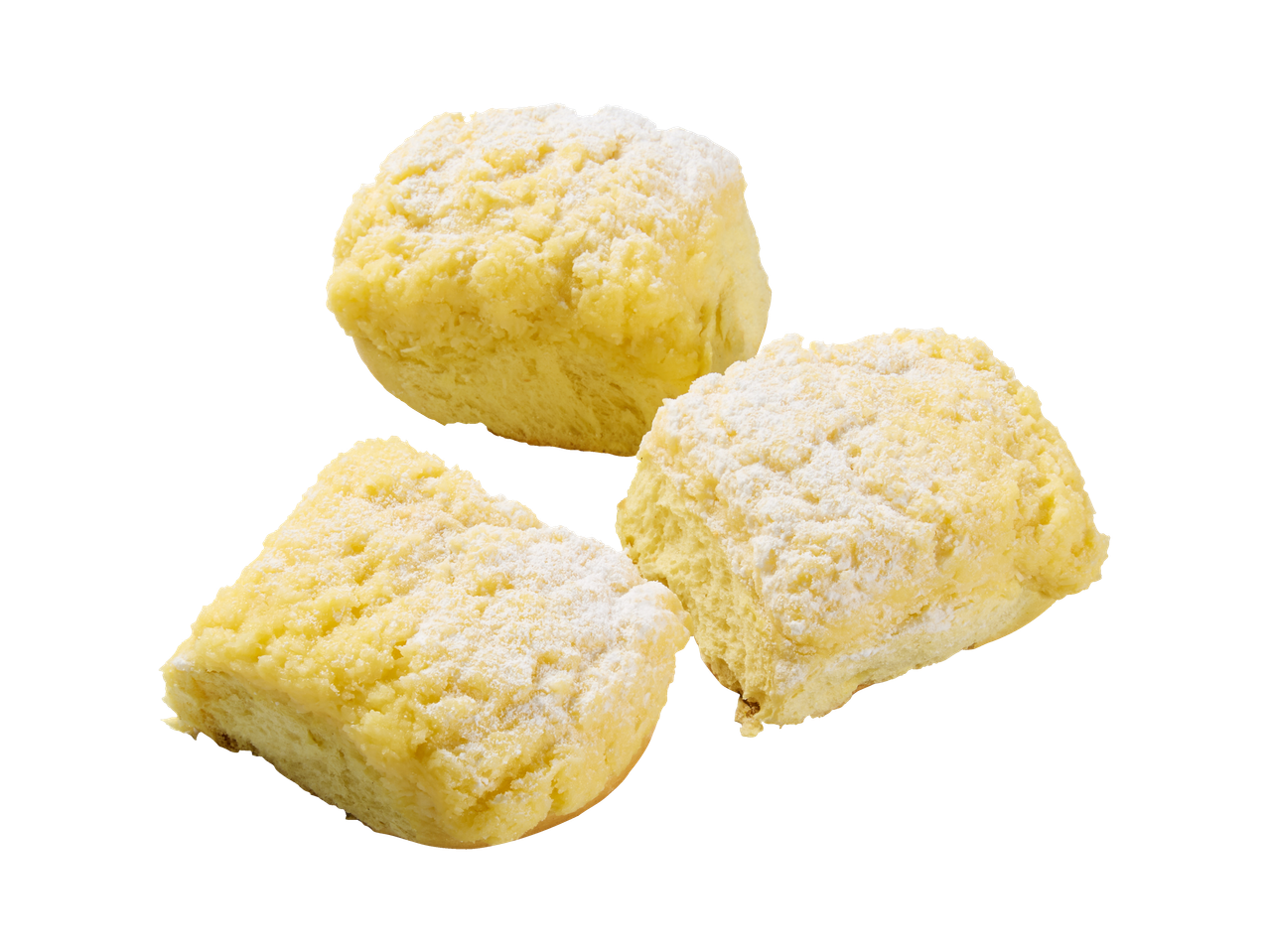 Três pãezinhos doces polvilhados com açúcar de confeiteiro.