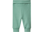 Baby ribbed leggings in a light green color with an elasticated waistband and cuffed ankles.