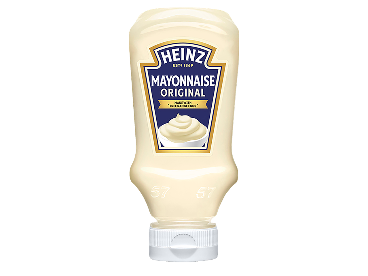 Heinz Original Mayonnaise fles met etiket: 'Made with Free Range Eggs'.