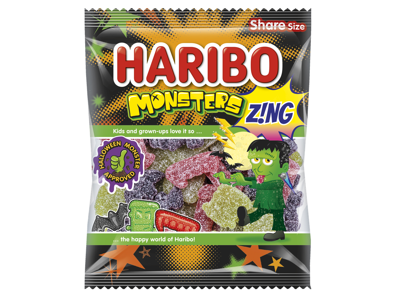 Haribo Monsters Z!NG candy bag with Halloween-themed gummies and Frankenstein character.
