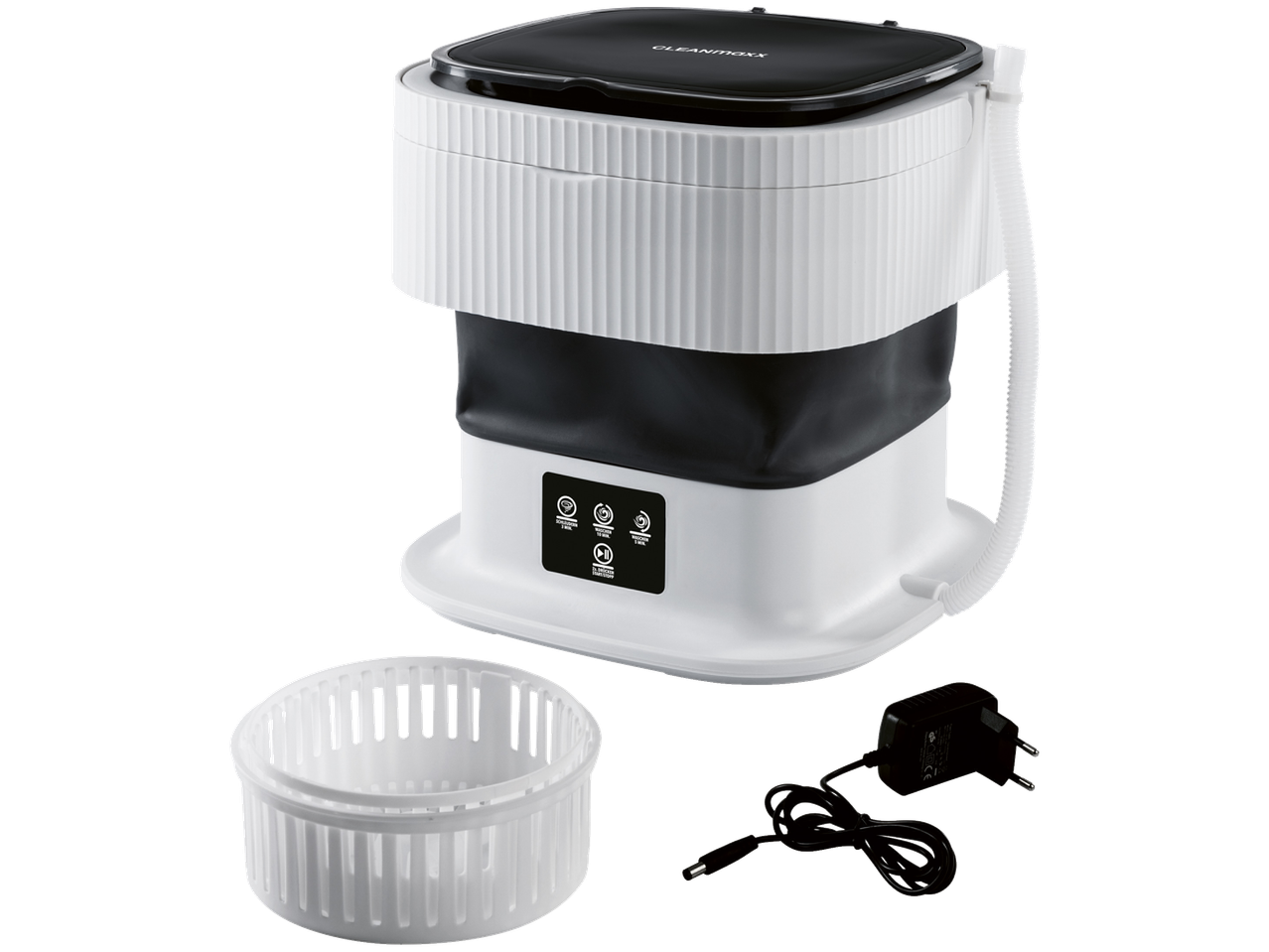 Mini máquina de lavar CLEANMAXX com cesto de centrifugação e adaptador de energia.