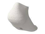 A single white ankle sock with a black size label on the sole, viewed from the heel.