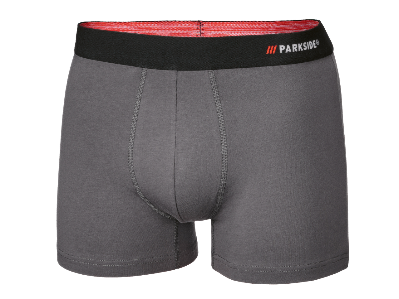 Boxer homme gris avec ceinture noire et bande intérieure rouge.