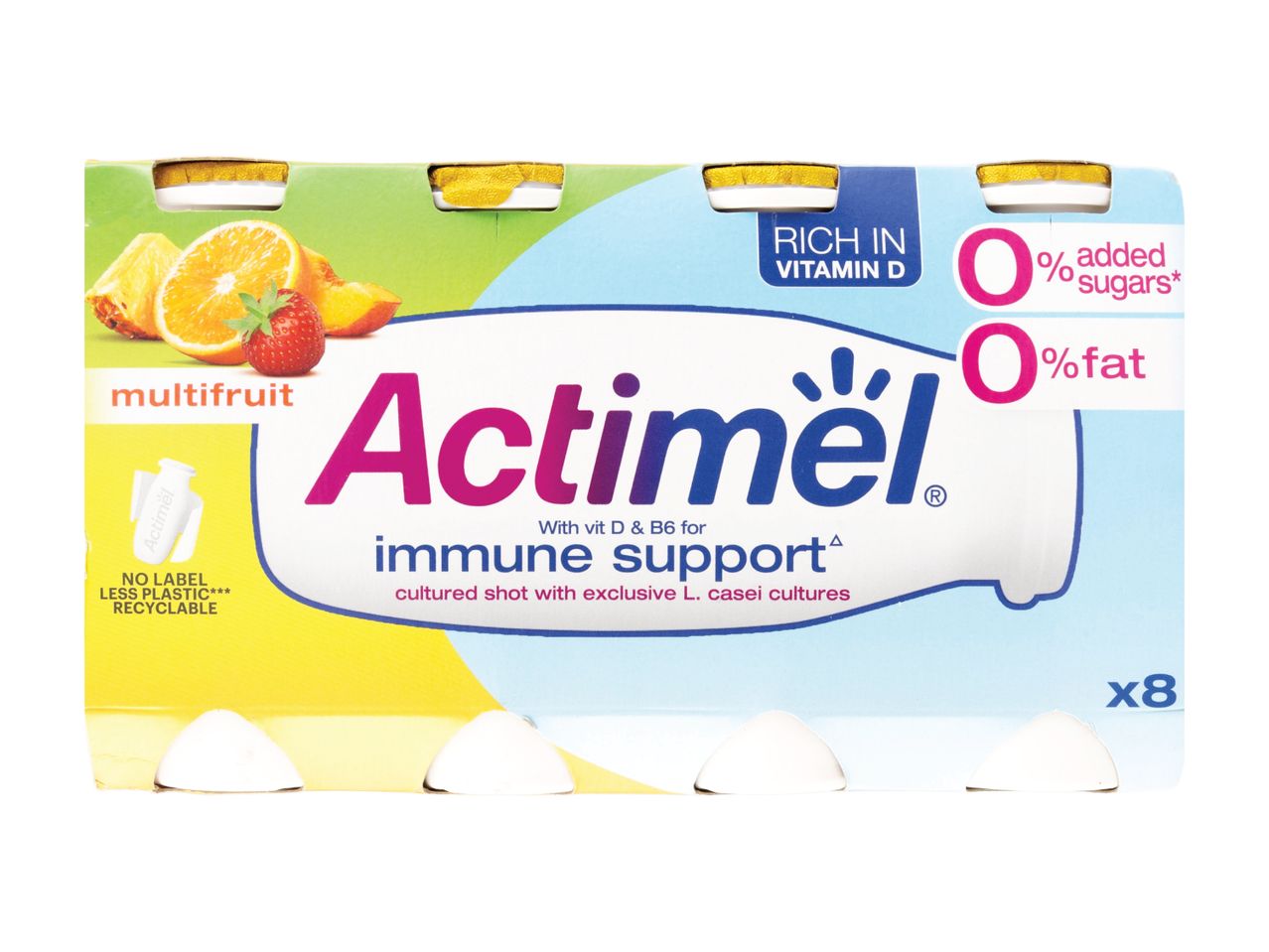 Actimel Immune Support yogurt drinks, lemon and strawberry flavor.