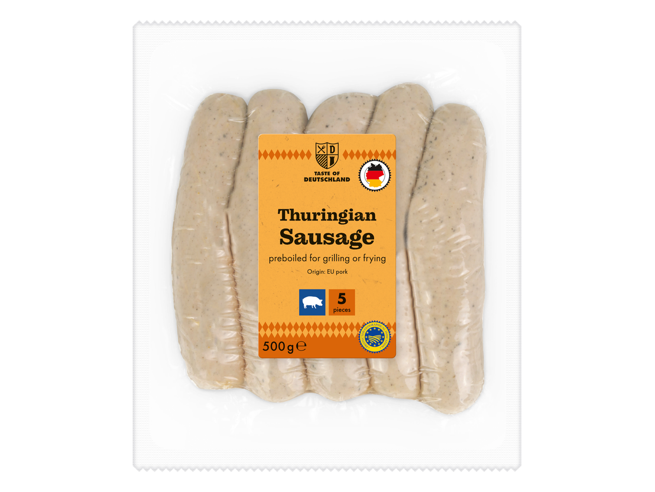 Tiuringijos dešrelės, 5 vnt., 500 g, išvirtos kepimui ant grotelių arba keptuvėje.